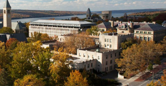 A rooftop view of central campus in the fall (Cornell University Photography)