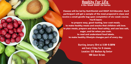 Classes will be led by Nutritionist and SNAP-Ed Educator. Each participant will get a sample of the meal prepared in class and receive a small goodie bag upon completion of six-week course.  