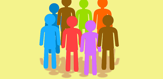 Community group meeting, diverse figures, people of color