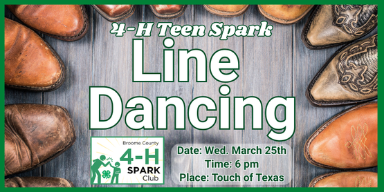 
​ Our teens will gather at Touch of Texas to take advantage of their free country western line dancing lessons. This relaxed, beginner-friendly experience is a great chance to try something new with friends by your side. There’s no pressure to participate—if you’d rather watch and take it all in, that’s perfectly fine too. It’s all about stepping outside our comfort zones and having fun together. We’ll also have snacks for everyone, so come ready to dance, hang out, and enjoy a great night!



Who: Broome County 4-H Members, ages 13+ years

Date: Wednesday, March 25, 2026

Time: 6:00pm- 8:00pm

Where: Touch Of Texas,1240 Front St, Binghamton, NY 13905