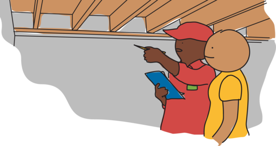 Illustration of two people, one pointing up at joists.