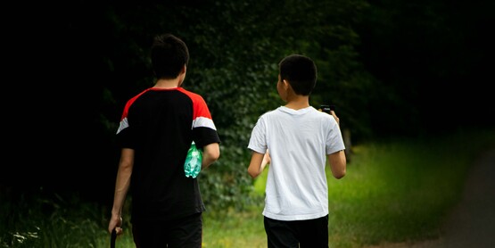 Boys walking on a road