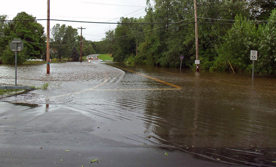 Looking north along St. Andrew's Road (Orange County Route 85) from NY 52 east of Walden, NY, USA after Hurricane Irene led to nearby Tin Brook flooding, 28 August 2011.