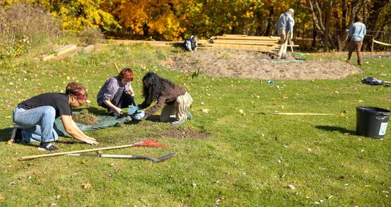 Students in the Cornell Botanic Gardens' Learning by Leading program work on the new medicinal garden at Onondaga Nation School in Nedrow, New York.