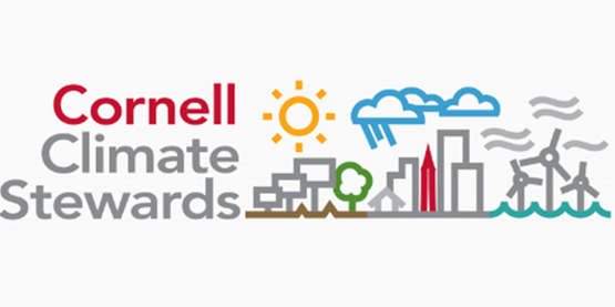 Cornell Climate Stewards logo consisting of name of program, outline of city skyline, a tree, sun, clouds, solar panels, wind turbines, and waves.