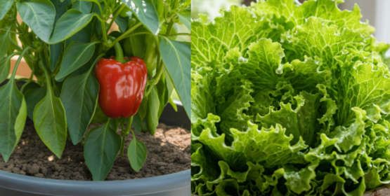 A red bell pepper growing in a pot and a fresh head of ruffled green lettuce.