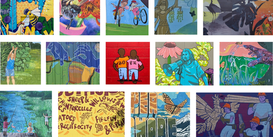 Collage of murals painted as part of Thriving Futures Mural Initiative
