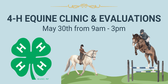 English Horse-riding image with text stating 2026 Equine Clinic Evaluations. This event will feature showmanship, equitation riding/jumping, and horse riding evaluations for fair