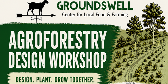 Text flyer for Agroforestry Design Workshop, with illustrations of a garden and large and small plants. Text is included on event page.
