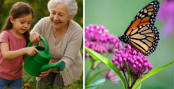 Collage of gardening with children and monarch butterfly