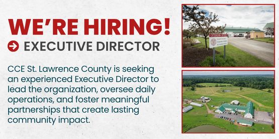 Executive director hiring graphic that features a photo of CCE St. Lawrence Farm and Facility. 