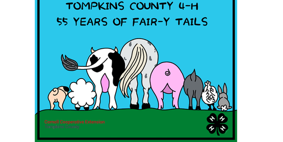 A drawing of various farm animals backsides with text 55 Years of Fair-y Tails.