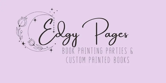 pink background with text that says 'edgy pages book painting parties and custom painted books' 