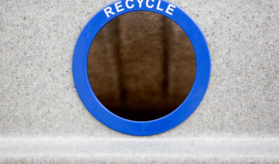 A recycling bin outside of the Physical Sciences Building at Cornell University.