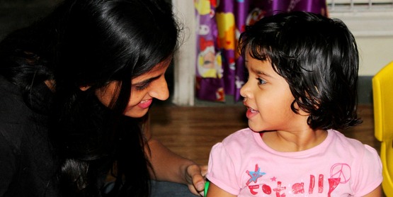 A mother talking to her child