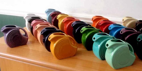 Fiestaware mini-disk pitchers; lead-glazed pottery