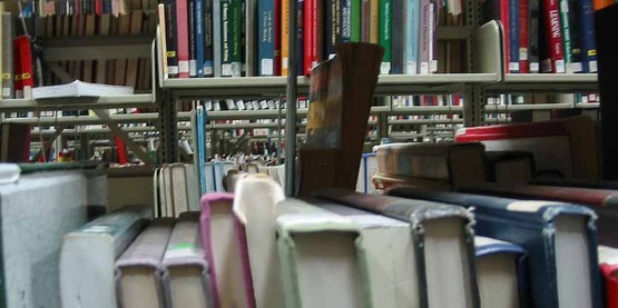 library shelves with books