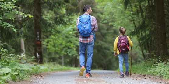 Adult and child seen from behind, hiking in the woods. 