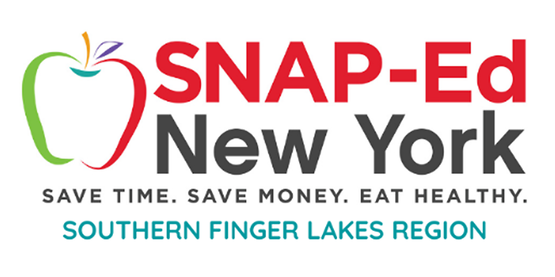 graphic outline of an apple with words "SNAP-Ed New York. Save time. Save Money. Eat Healthy.  Southern Finger Lakes Region"