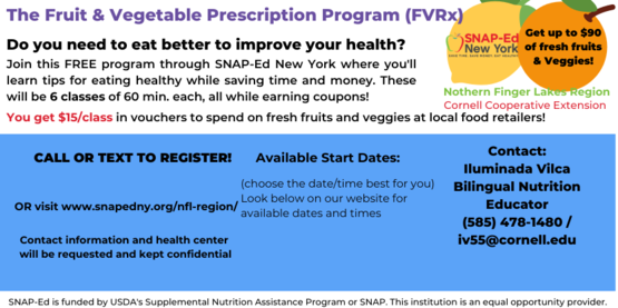 Fruit and vegetable nutrition class flyer see dates and times below!