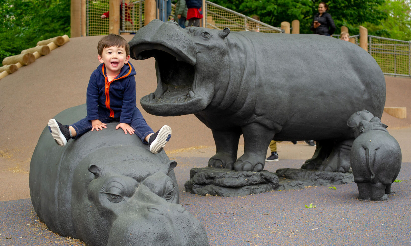 A young boy straddles one of the hippos of the playground