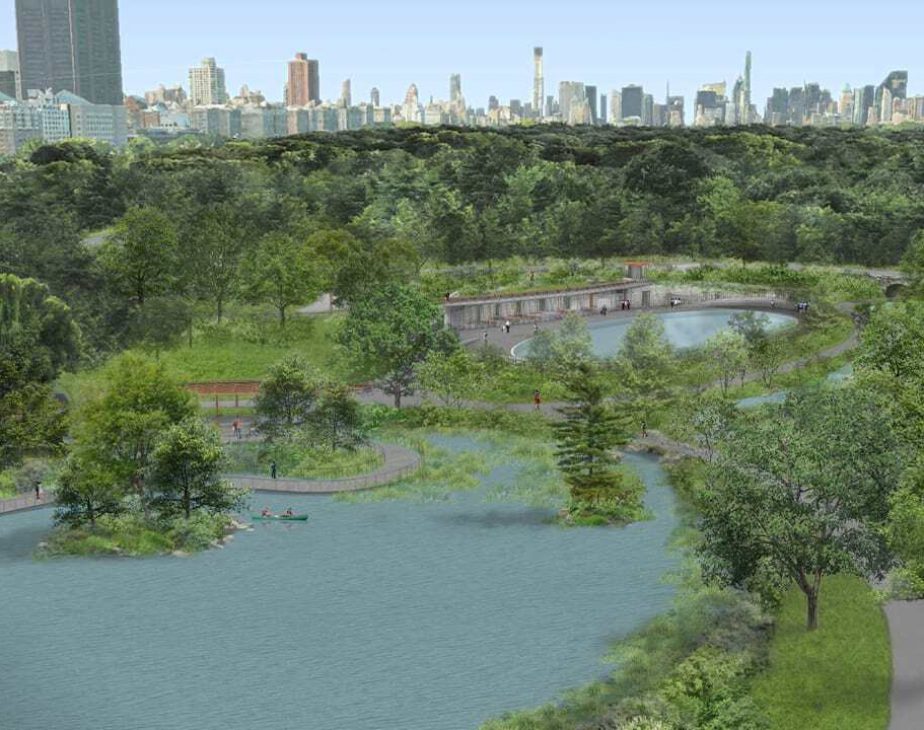 An aerial view of proposed changes to the Harlem Meer