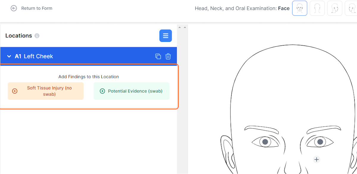 Choose whether to add findings as a soft tissue injury (no swab) or potential evidence (swab)