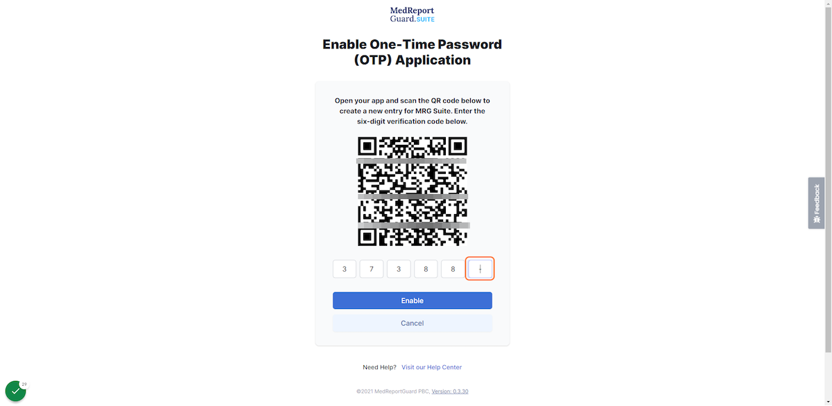 On the MRG Suite website, Enter 6-digit verification code