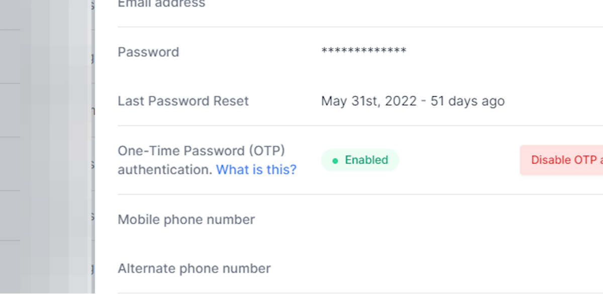 The OTP authentication should now show as enabled