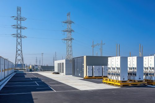 A modern substation with battery storage products, showcasing the integration of clean energy and grid protection technology in an urban setting.