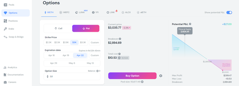 premia weth options page