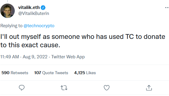 Vitalik buterin twitter tweet tornado cash donation