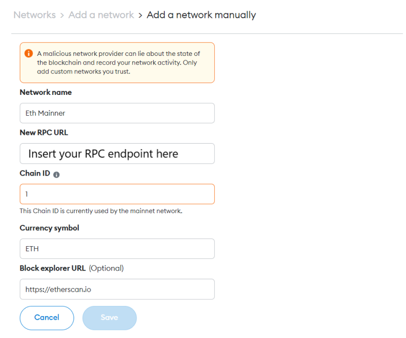 metamask add custom network