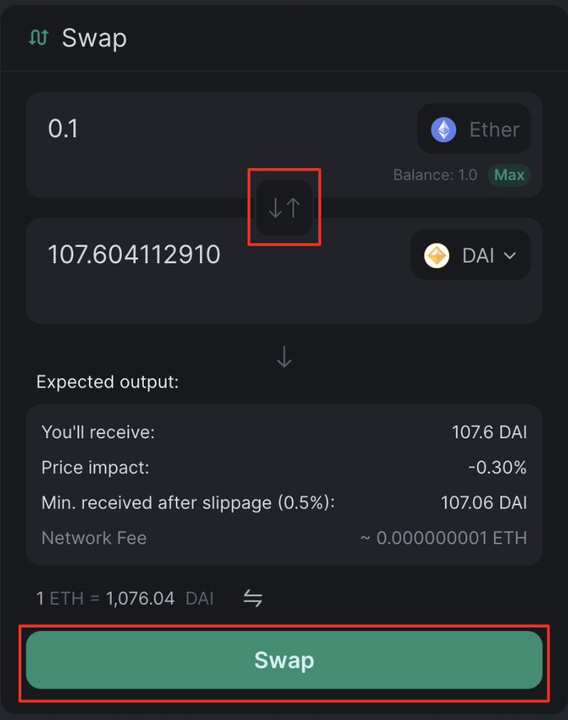 Swap ETH and DAI on SwaySwap