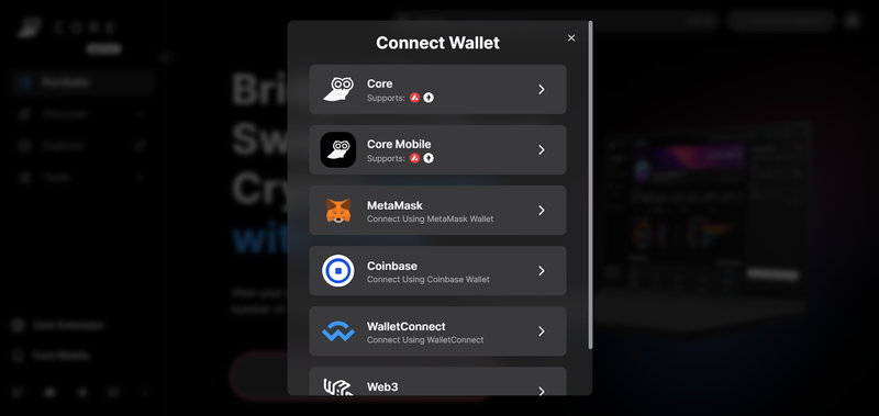 core web wallet selection interface