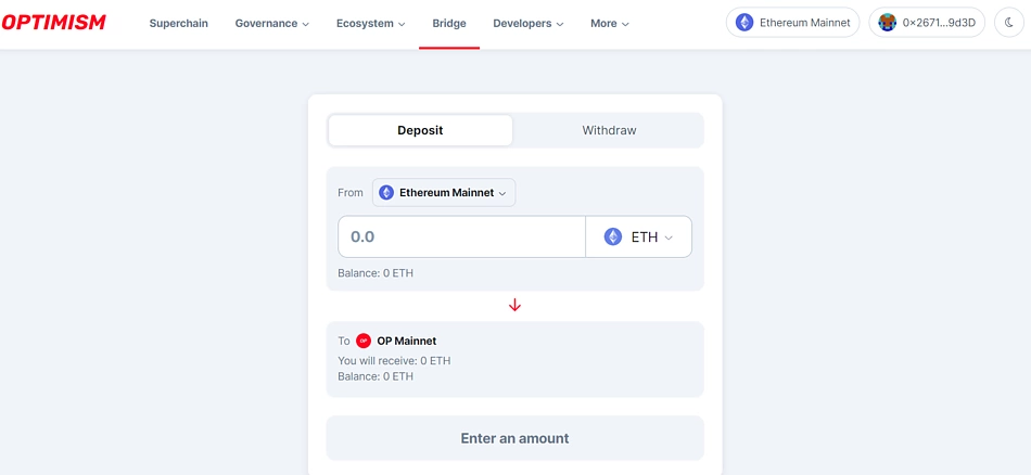 Deposit ETH from Ethereum to Optimism