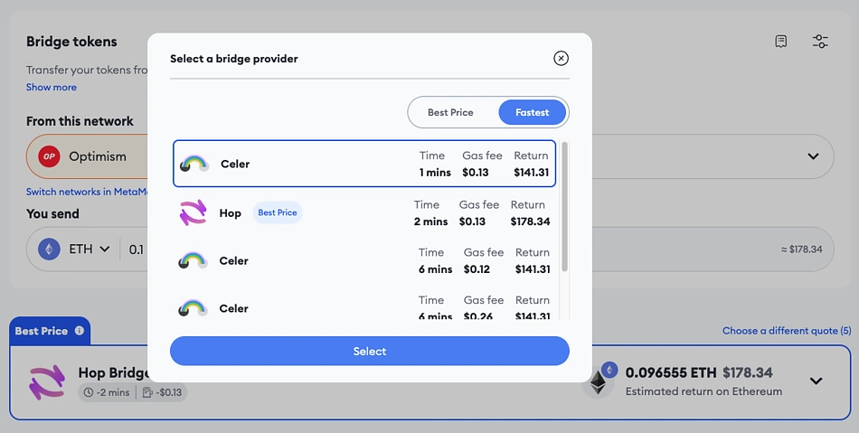 Choose quote MetaMask Bridge