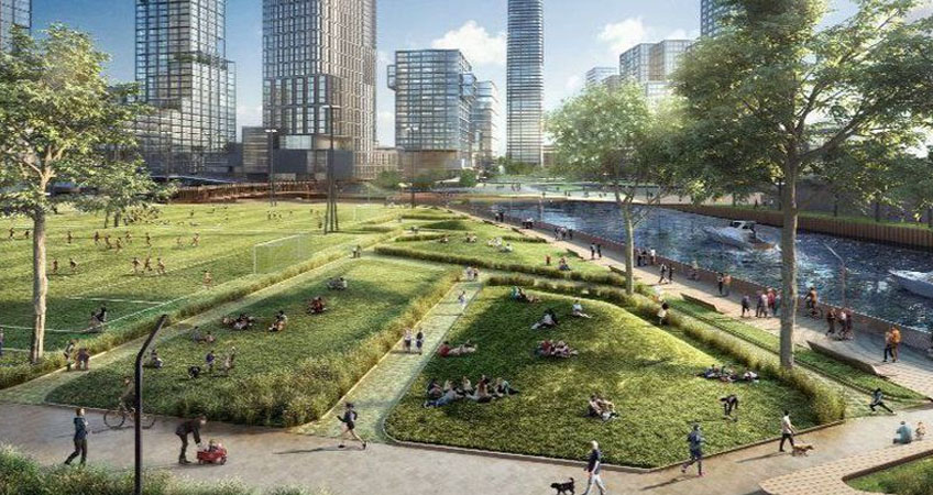 A rendering shows planned recreation fields at the Lincoln Yards development. Sterling Bay now plans to create 20.9 acres of open and publicly accessible space, up from the 13.4 acres previously proposed. (Sterling Bay/Skidmore, Owings & Merrill)