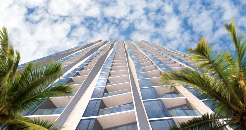 Looking up at Kō‘ula's soaring exterior, designed by Studio Gang.