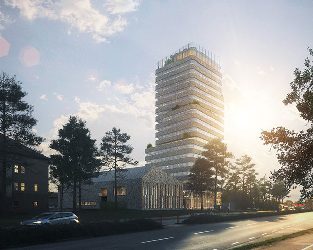 The proposal features shingled-cedar on its exterior, mimicking bricklaying patterns on nearby buildings.