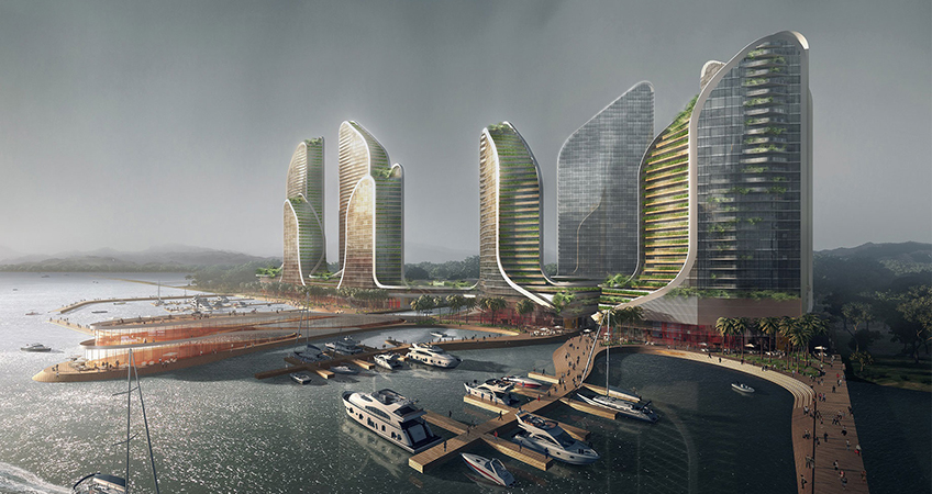 A series of apartment towers inspired by the natural environment of Indonesia are part of the luxury waterfront developed proposed for Jakarta.