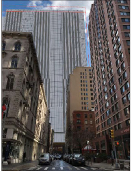 A side-by-side comparison of 125 White Street as it stands today and with the proposed tower. (Courtesy the New York City Department of Correction)