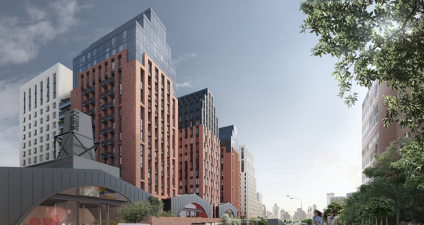 This housing complex is inspired by the buildings of Lower Manhattan in New York City.