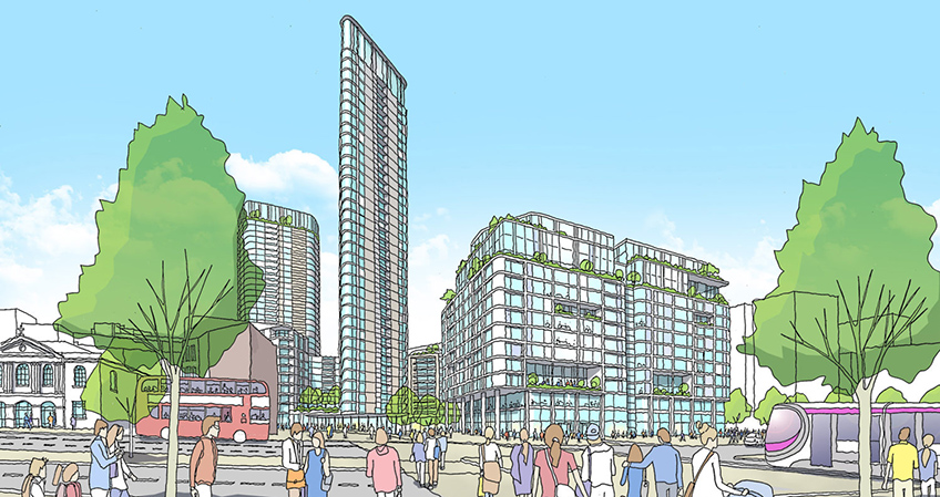 The proposed scheme includes 1,300 homes, a 35-story building, and 304,800 square meters of commercial space. Image credit: EPR Architects.