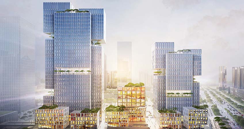 The south tower will stand at 150 meters while the north tower rises to 100 meters. Photo source: gmp Architects.