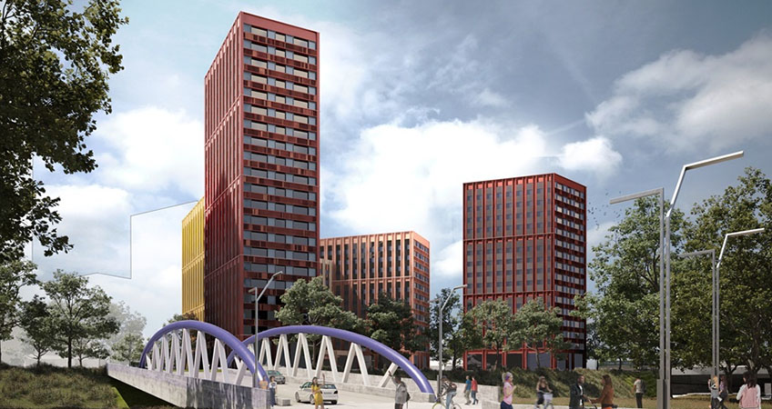 The student blocks will be arranged in two buildings of 21 and 9 stories, with an extended podium, wrapped around a central courtyard.