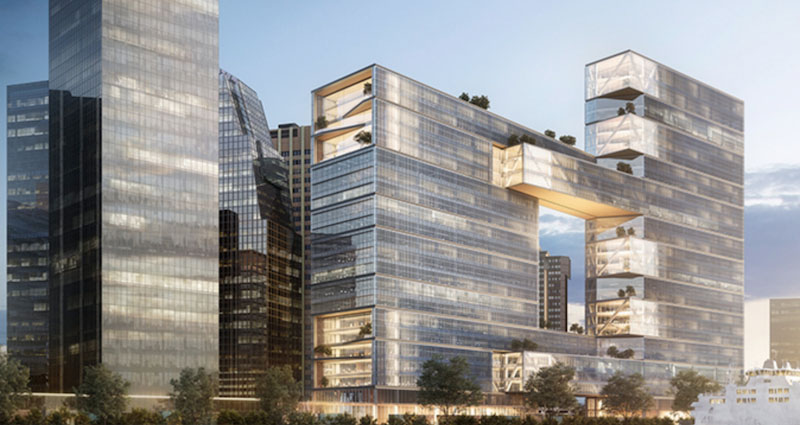 The towers and bridge floors create an urban window meant to establish the active heart of the office experience.