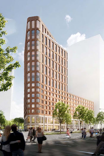 The building conforms to the shape of the plot, taking the form of triangular block with an inner courtyard. Rendering: www.moka-studio.com