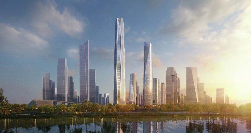 The district’s master plan includes an array of five office towers and one residential tower, with the tallest reaching 500 meters.
