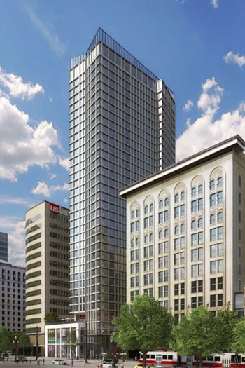 The proposed building would be 375 feet (114 meters) tall with retail outlets, up to 300 apartments, a mid-block walkway, and a small park.